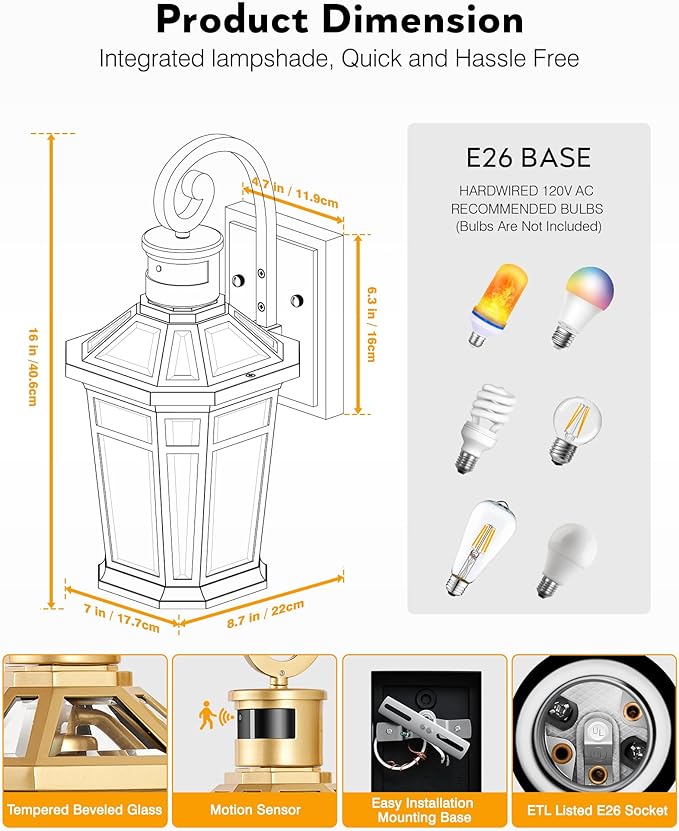 Motion Sensor Front Porch Light Gold Outdoor Light Fixture Wall Mount Outdoor Wall Lantern Sconce Light with Beveled Glass Waterproof Carriage Lights Exterior Coach Lights for Garage Patio