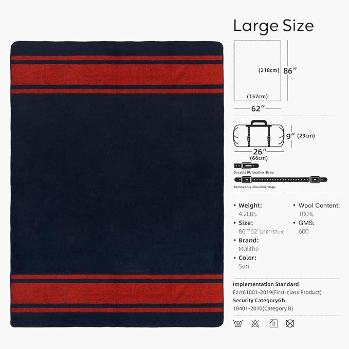 100% Wool Blanket 62 x 86 Warm Thick Washable Military Wool Blanket Great for Camping Outdoors Sporting Events Survival Kits
