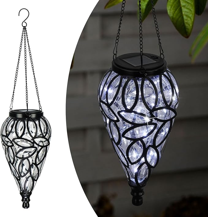 LEWIS&ampWAYNE Solar Hanging Lantern Outdoor Lights Tear-Shaped 15 LEDs Cool White Hanging Lights with S Hooks Decor in Garden Yard Pathway Front Door and Landscape