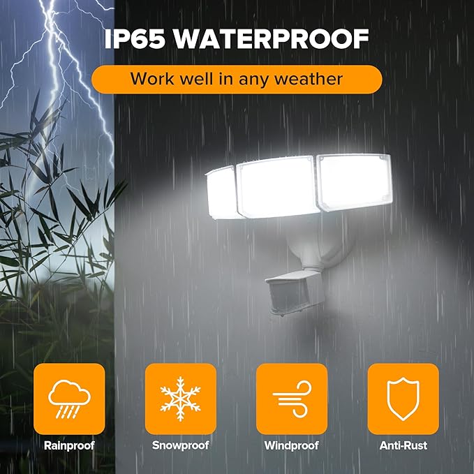 UME 49W 5500LM LED Security Lights Motion Sensor Light Outdoor 5000K Daylight IP65 Waterproof Dusk to Dawn 3 Head Motion Detected Flood Light for Garage Yard Porch(White)