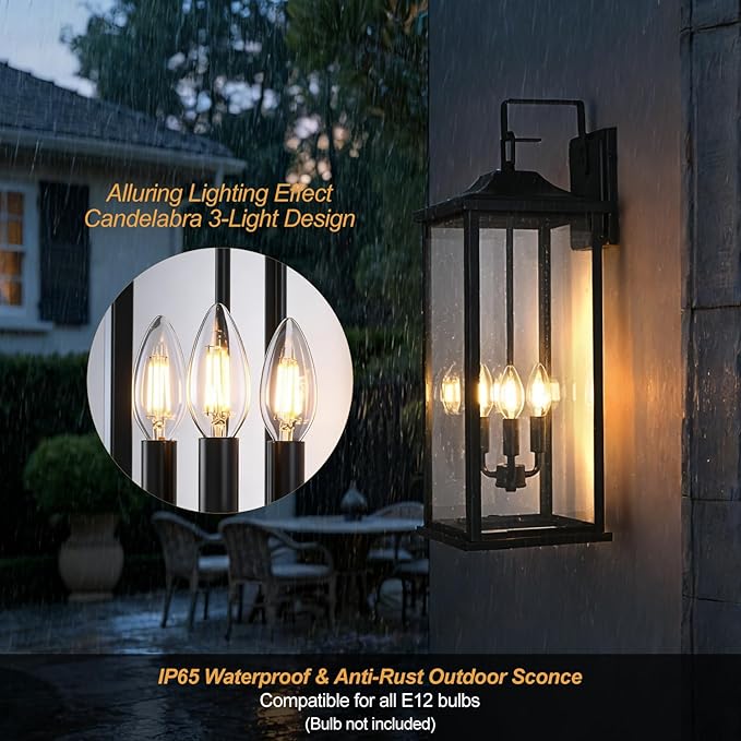 24 2Pack Outdoor Wall Light Fixture 3-Light Candelabra Exterior Wall Sconce E12 Base Clear Glass Modern Matte Black Porch Light IP65 Waterproof Wall Mounted for Front Door Garage &amp House