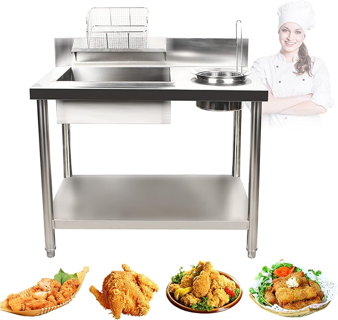 Breading Table Fried Chicken Preparation Commercial Stainless Steel Fried Food Prep Breading Station Breading Work Table w/Basket Undershelf for Restaurant Kitchen Fried Chicken Burger Shop
