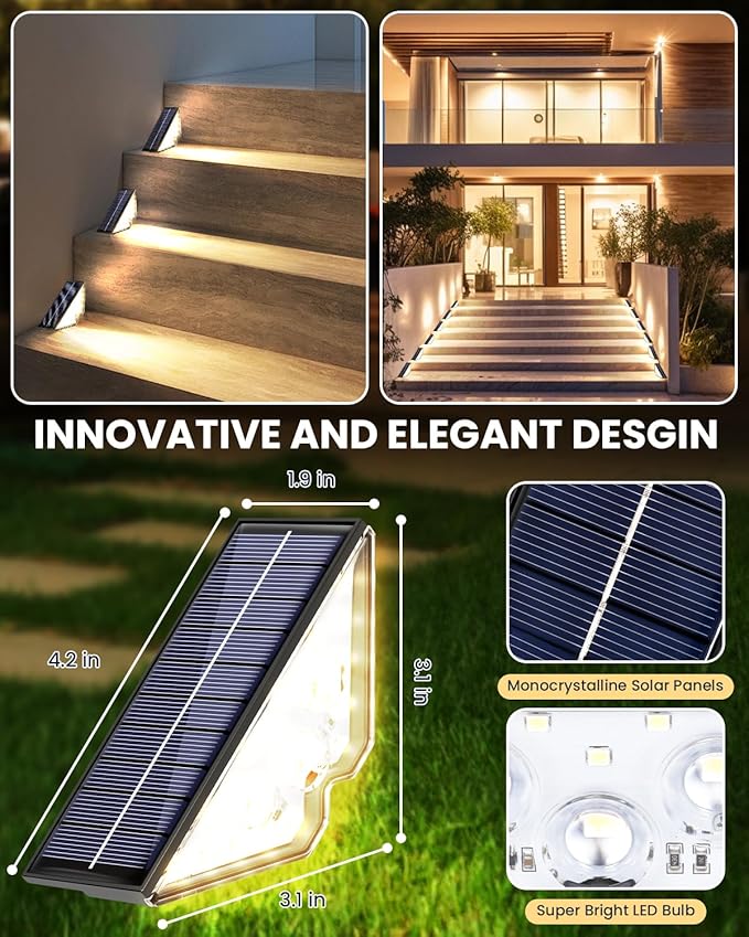 Solar Powered Step Lights for Outside Waterproof Led Deck Outdoor Decor Stair Stairwell Lighting for Front Door Patio Back Porch Ring Pathway (Warm White 4pcs)