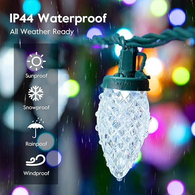 Minetom C9 LED Christmas Lights Outdoor 81FT 100 LED C9 String Lights Waterproof Connectable 8 Modes with Timer &amp Memory Function for Tree Home Yard Party Indoor Outside Cool White