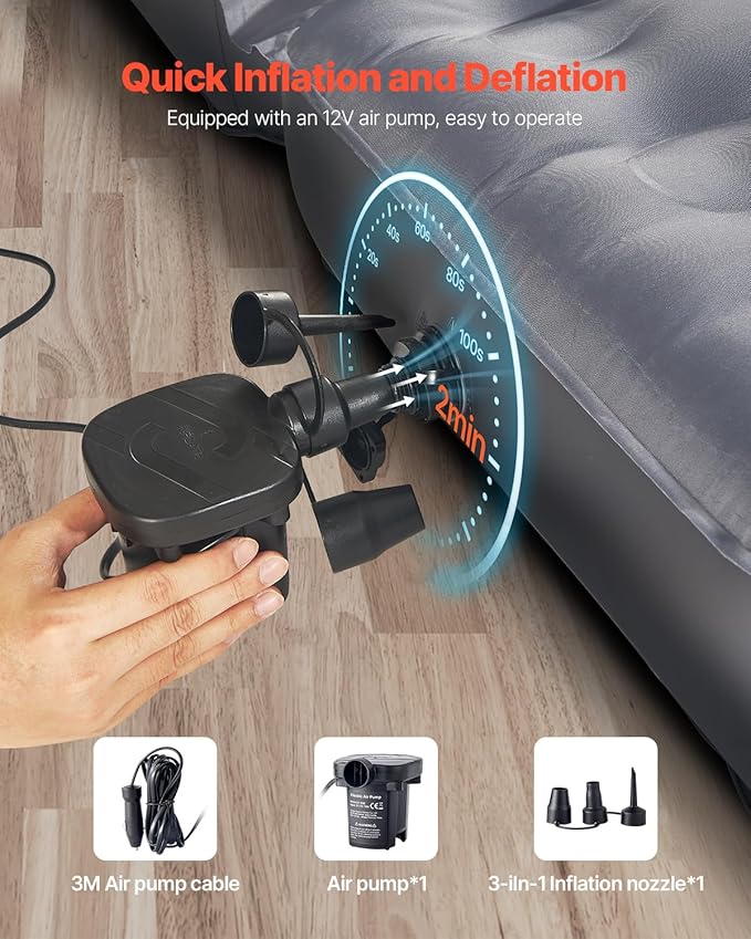 VEVOR Car Air Mattress Inflatable Car Camping Mattress Oxford Thickened Travel Beds Comfortable and Durable Portable Sleeping Pad with Air Pump Nozzle Carry Bag Fits Most SUV MPV Sedan Gray