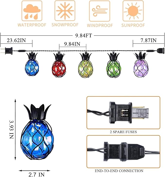 Vigdur Pineapple String Lights - Outdoor Patio Lights Plug in with 10 Pineapple Bulbs Connectable Indoor String Light for Bedroom Bistro Tiki Decor(10FT