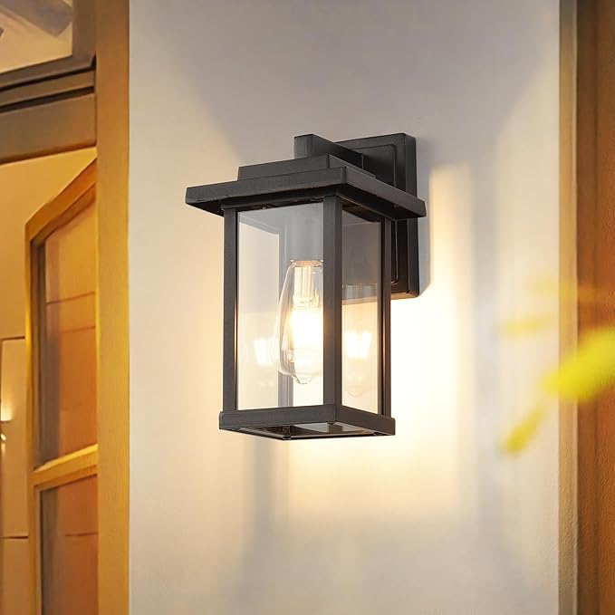 Outdoor Wall Light Fixtures Modern Exterior Wall Mount Lanterns Outside Wall Sconces in Black Finish with Clear Glass for Porch Patio Farmhouse 2-Pack