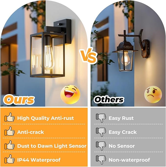FOLKSMATE 2 Pack Dusk to Dawn Outdoor Wall Light Fixtures Exterior Porch Light Waterproof Wall Sconces Lanterns Sensor Lighting Wall Mount for House Doorway Garage Black