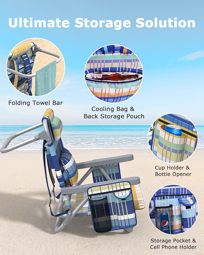 ZENPETIO Beach Chair Camping Chair for Adults Reclining Backpack Chair for Pool Beach Camping Outdoors