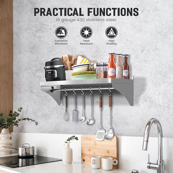 Commercial Stainless Steel Shelf 36 x 12 - 250lb Load Capacity Heavy Duty Stainless Steel Wall Mounted Kitchen Shelf with Backsplash &amp 6 Hooks for Restaurant Laundry