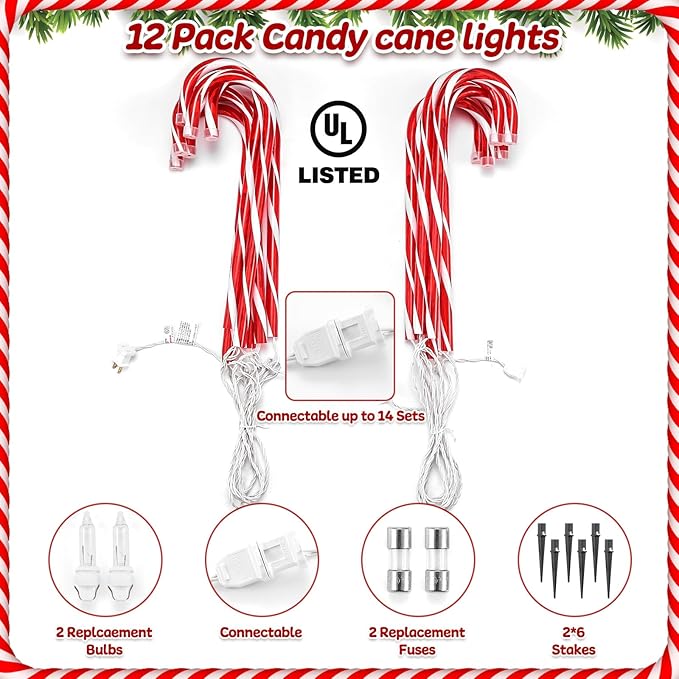 12Pack Christmas Decorations Candy Cane Lights16 Lighted Pathway Makers Lights with 72 Warm Lights Connectable Christmas Lights Outdoor Walkway Sidewalk Candy Canes Yard Lawn Decor