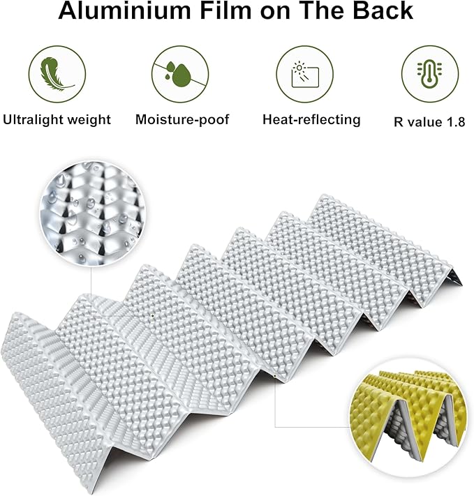 YIKI Closed Cell Foam Sleeping Pad for Camping 72.8x22 inch Ultralight Foldable Foam Sleeping Mat with Heat Reflective Layer Waterproof Backpacking Pad for Hiking Tent Outdoor Use
