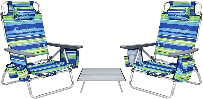 COSTWAY Backpack Beach Chairs Set 3-Piece Portable Camping Chairs with Cup Holder Ice Bag 5-Position Outdoor Reclining Chairs for Adults Travel Sunbathing Support 300 LBSBlue &amp Green