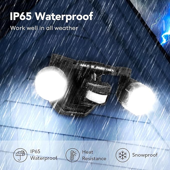OREiN Motion Sensor Outdoor Security Lights Dual-Head Adjustable LED Flood Lights 3 Modes (Motion/Manual/Dusk to Dawn) 150W Equivalent 5000K IP65 Waterproof Hardwired Black (2 Pack)