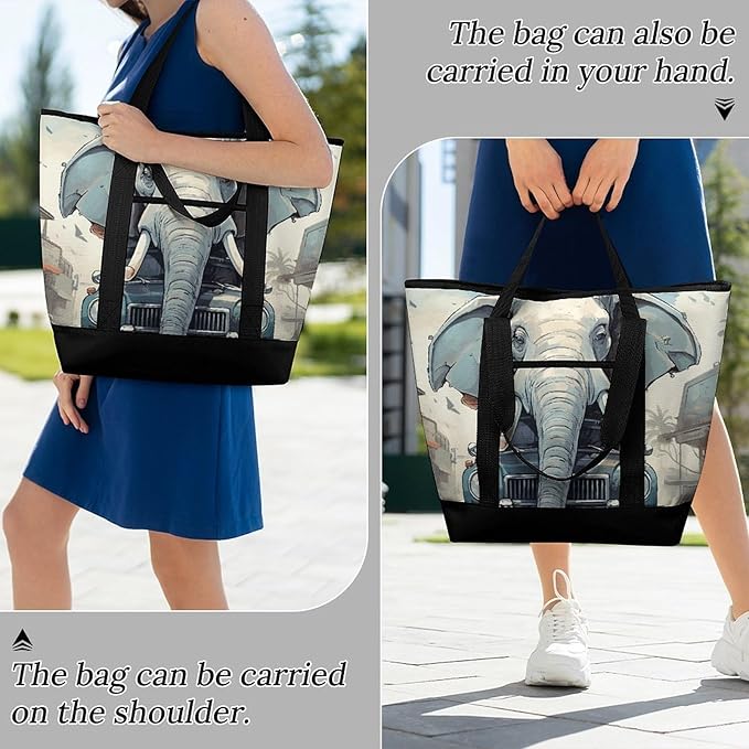 Insulated Shopping BagLarge Reusable Cooler Bags Car Elephant Printed Foldable Shopping BagTravel Waterproof Shoulder Bag