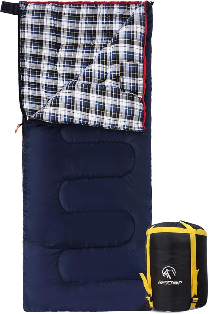 REDCAMP Outdoors Cotton Flannel Sleeping Bag for Camping 3-Season Trip Warm Envelope Sleeping BagsNavy Blue with 2lbs Filling＋Memory Foam Camping Pillow for Sleeping Lightweight and Compressible
