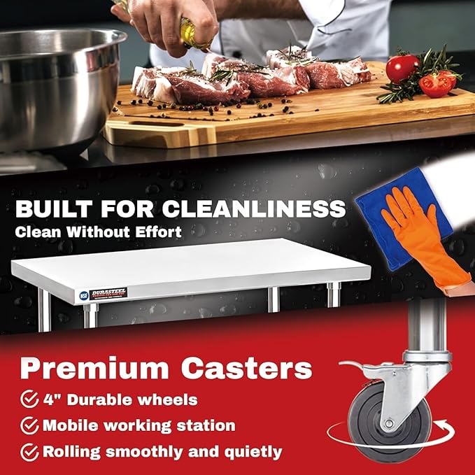 DuraSteel 30x18 NSF Stainless Steel Cart Work Table - Heavy Duty Rolling Food Prep Table - Metal Utility Cart on Wheels Caster Grill Stand Microwave Outdoor Kitchen Tables Countertop Island Large Top
