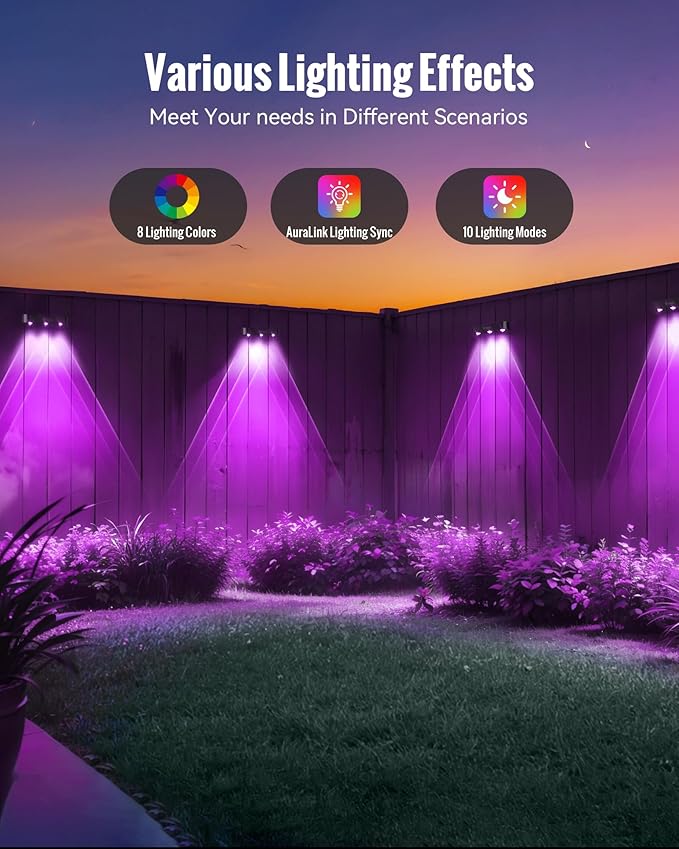 Solar Fence Lights Outdoor 8 Pack Upgraded 50LM RGB Outdoor Wall Lights with Sync Group Control &amp 10 Light Modes Fence Solar Light Outdoor Waterproof IP65 for Outside Porch Wall