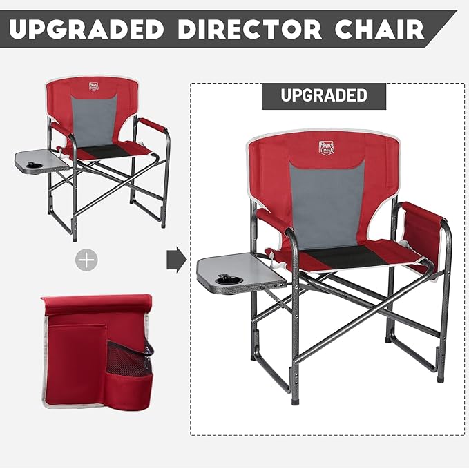 TIMBER RIDGE Aluminum Oversized Camping Chair Lightweight Portable Directors Chair with Side Table Detachable Side Pocket for Outdoor Camping Lawn Picnic Support 400lbs Red 2 Pack