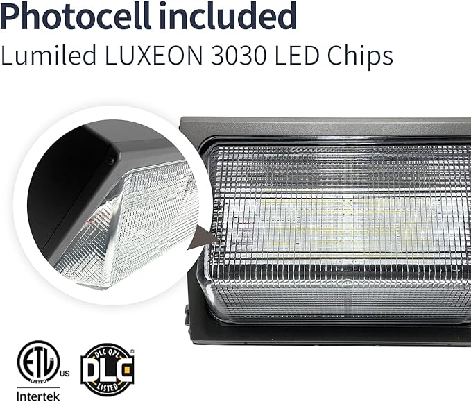 LED Wall Pack Light High Voltage 347-480 Vac with Dusk to Dawn Photocell 60W/80W/100W/120W Selectable 3000K/4000K/5000K IP65 Outdoor Wall Pack Lighting ETL DLC Listed 2PK