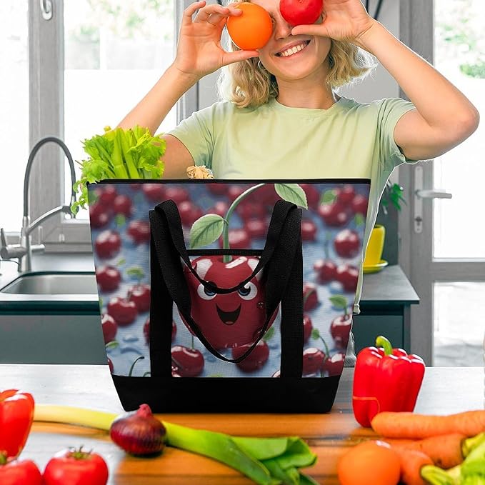 Insulated Shopping BagLarge Reusable Cooler Bags Cartoon Cherry Printed Foldable Shopping BagTravel Waterproof Shoulder Bag