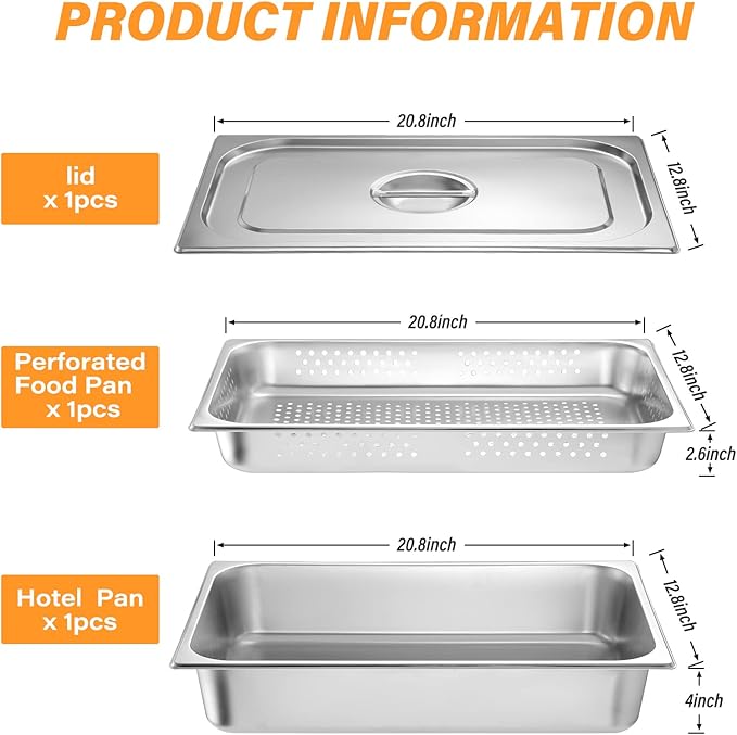 Ferraycle 3 Pack Full Size 2.6 Inch 4 Inch Hotel Pan with Lid Perforated Steam Table Pan Restaurant Supplies for Kitchen Steam Table Tray for Food Warmer