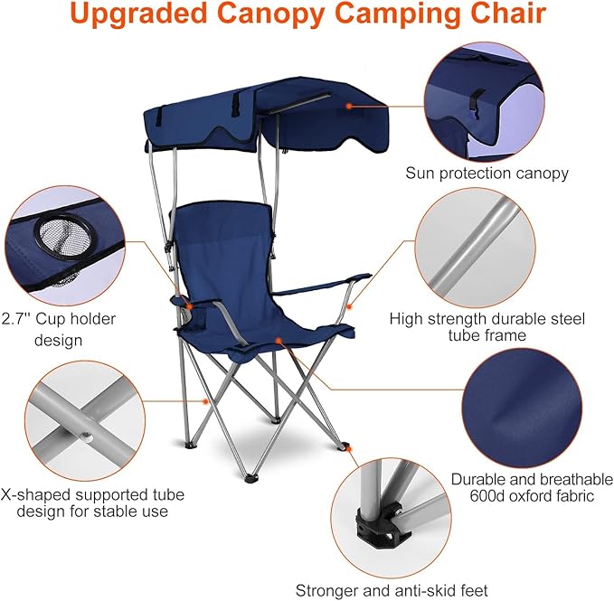 Camping Chair with Canopy Outdoor Folding Lounge Chair with Adjustable UPF 50+ Sun Shade &amp Cup Holder Portable Camping Recliner for Camp Beach Outdoor Sports 350LB Max Support - U.S Spot
