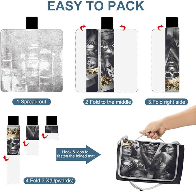 Gothic Skulls Damask Style Black White Waterproof Outdoor Picnic Blanket Sandproof Beach Mat for Camping Hiking Grass Travelling