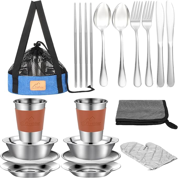 Camping Mess Kit - 1 to 2 persons Camping Dishes includes Cups Bowls Knives Forks Spoons Camping Dinnerware Set Camping Cooking Utensils Accessories Plates Dinnerware Set