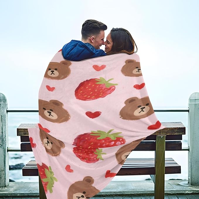 Throw Blanket Soft Cute Cartoon Brown Bear Strawberry Teen Girl Throw Blanket 50'' x 70''