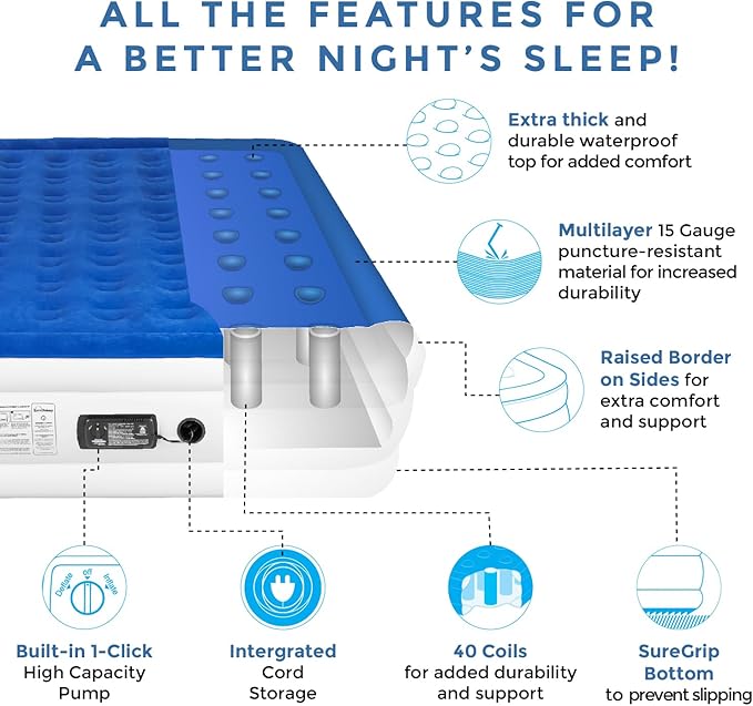 SoundAsleep Dream Series Luxury Air Mattress with ComfortCoil Technology &amp Built-in High Capacity Pump for Home Camping- Double Height Adjustable Inflatable Blow Up Portable - California King X