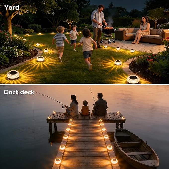 Solar Deck Lights Outdoor - IP67 Waterproof Solar Driveway Dock Lights 12PK Solar Pthway Lights Outdoor Warning Step Lights for Driveway Sidewalk Garden Pathway Yard Stair Backyard Decor(Warm White)