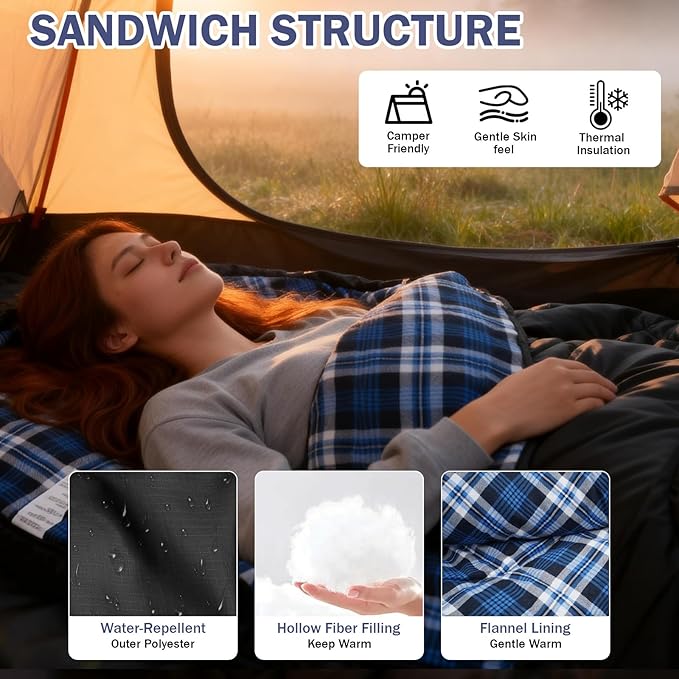 100% Cotton Flannel Sleeping Bag for Adults Big&ampTall Size Backpacking Lightweight Waterproof for Girls Boys Mens Teen for Camping Hiking Outdoor Travel with Compression Bags