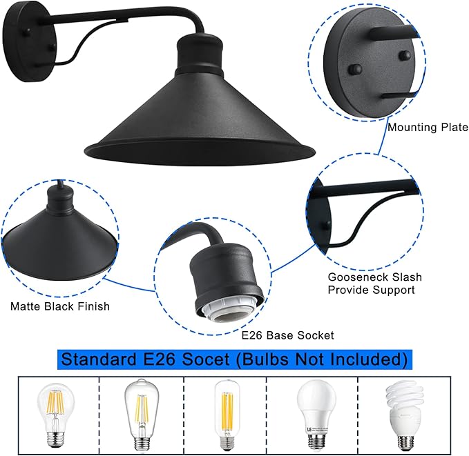 1 Pack Outdoor Wall Lights Wall Mount for House Front Porch Wall Light Fixtures Wall Mount Farmhouse Wall Sconce Classic Barn Lights Outdoor &amp Indoor-E26 Socket