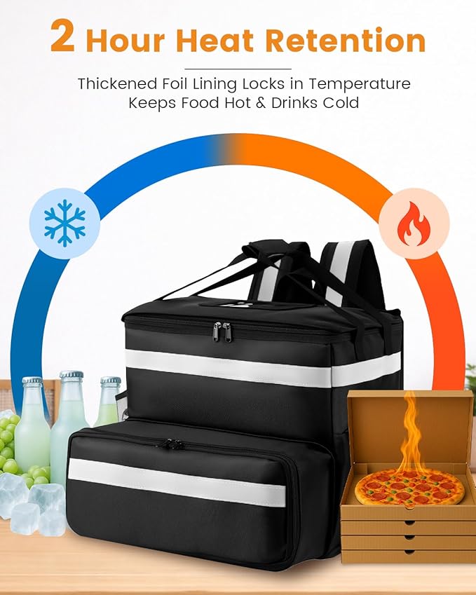 Bodaon Food Delivery Backpack with 2 Base Plates Dual-Layer Insulated Compartments Waterproof Lining Reflective Strip - Pizza Delivery Bag for Bike Couriers Grocery Takeout Food Transport