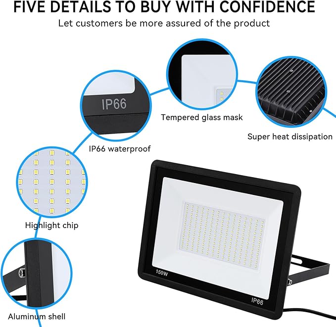 4Pack-250W LED Flood Light Outdoor27500lm LED Work Light with 6FT US PlugIP66 Waterproof Exterior Security Lights6000K Daylight White Outside Floodlights Slim design for Playground Yard Stadium
