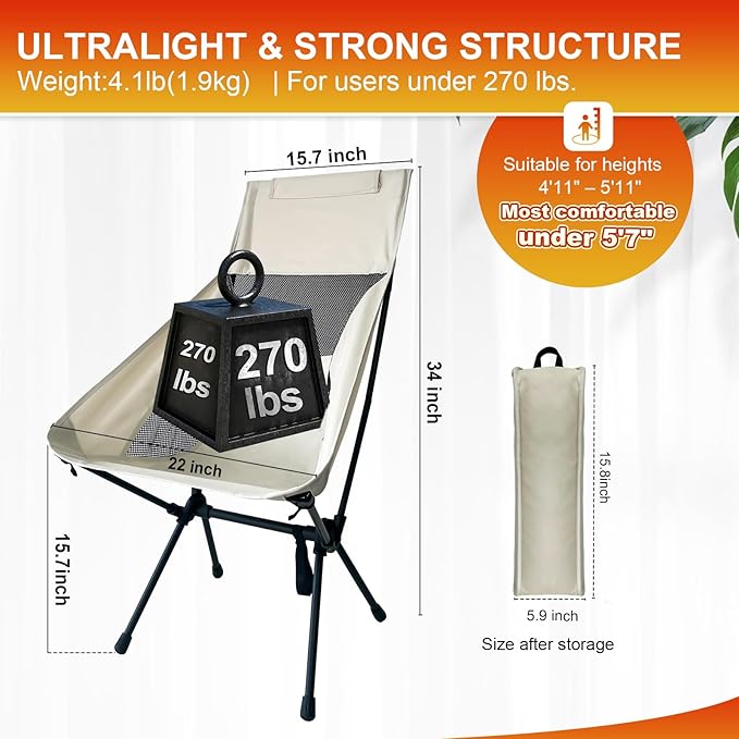 IEJ Ultralight High-Back Camping Chair - Portable Folding Backpacking Chair with Anti-sag Footmuffs Supports up to 300 lbs Compact and Durable for Outdoor Hiking Camping Fishing Reading - White