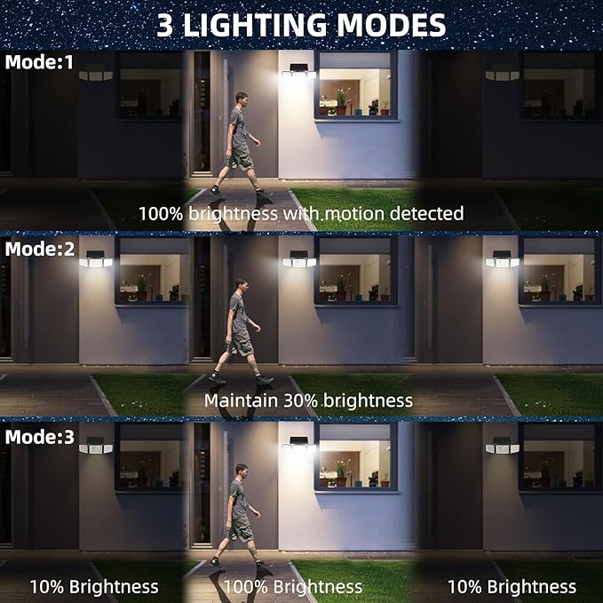 2500LM Solar Lights Outdoor with Motion Sensor3 Head 270° Wide Angle Street Area LightsIP65 Waterproof Security Lighting with 3 Modes(Remote4 Pcs)