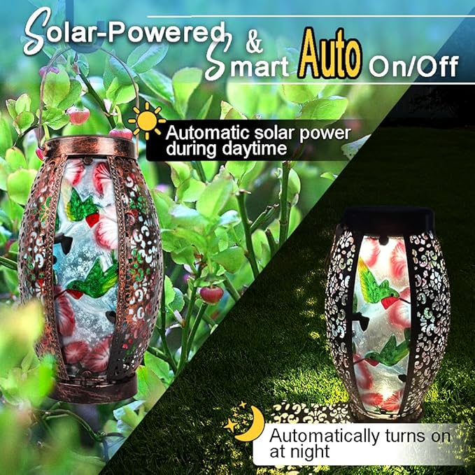 Hummingbird Solar Lanterns Glass &amp Metal Hanging Lantern Outdoor Waterproof 16 H Tabletop Light with Hollowed-Out Design for Garden Patio Table Decor Mother's Day Gift