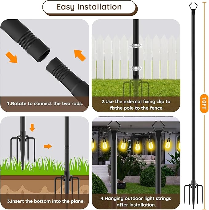 10Ft String Light Poles 6 PackLight Poles for Outside LightsOutdoor with Fence Brackets Hanging LightsMetal Stand Deck Patio Backyard