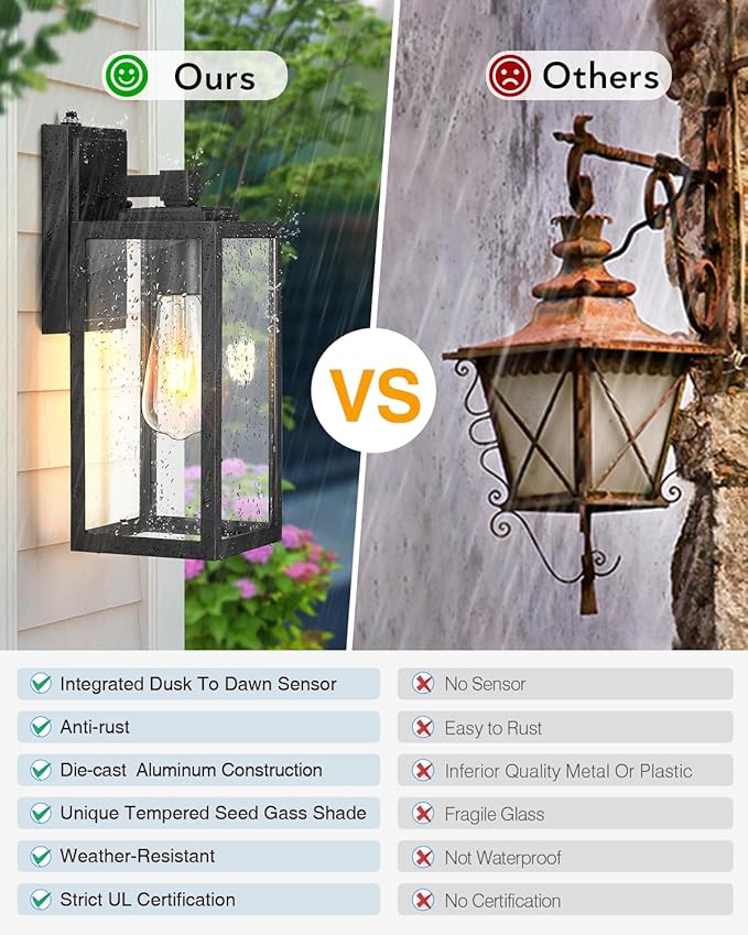 VIANIS Large 2 Pack Outdoor Wall Lights Dusk to Dawn Black Exterior Garage Lighting Fixture Wall Mount Sconces Modern Front Porch Lanterns Outside Lights for House Waterproof Coach Lights Outdoor