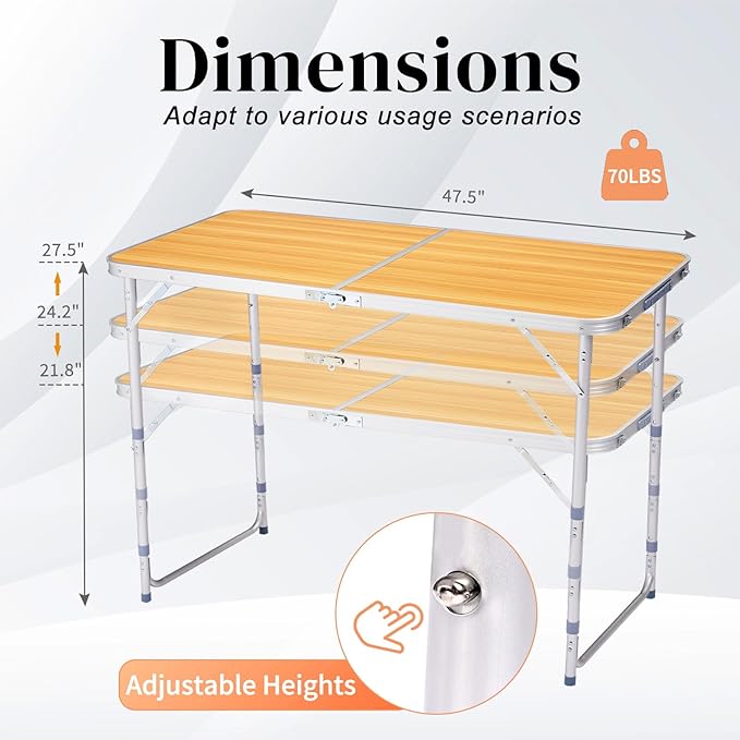 Outvita 4ft Portable Folding Camping Table Outdoor Waterproof Adjustable Height Table Aluminum Lightweight Suitcase Foldable Table for Picnic BBQ Beach Dining