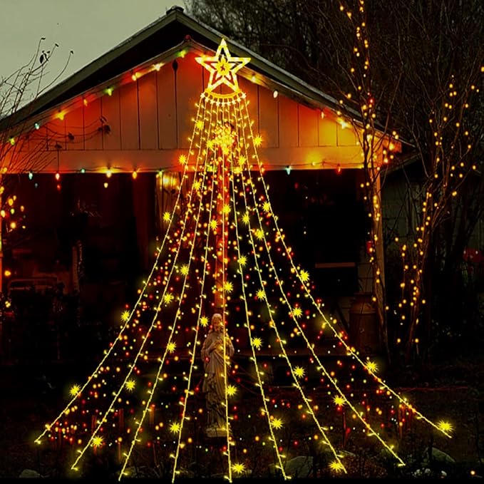 Aokudoni Christmas Lights Outdoor 12.6 ft 8-Lighting Modes Waterfall Xmas Lights Outdoor Christmas Decorations for Yard Tree House Holiday Party Warm White
