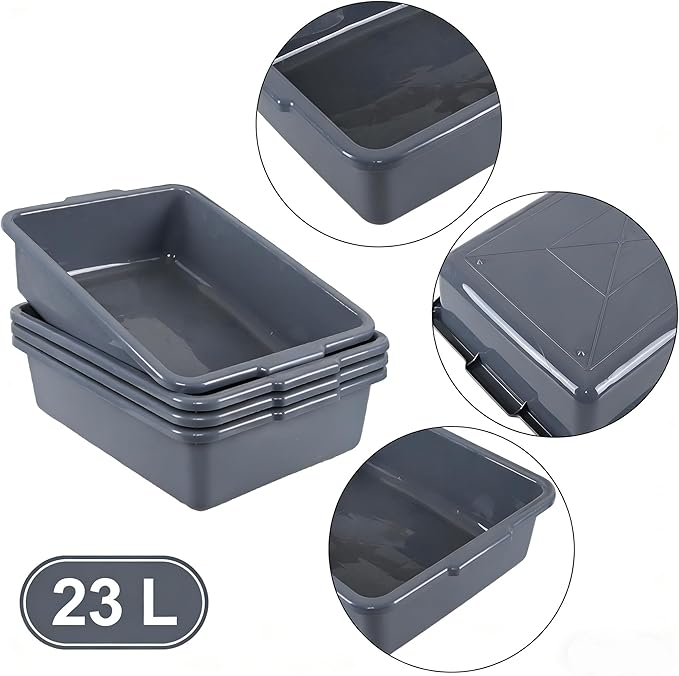 Zopnny 4-Pack Commercial Products Standard Bus/Utility Box 23 L Gray Plastic Restaurant Wash Basin/Dish Washing Tub for Kitchen Organization/Storage