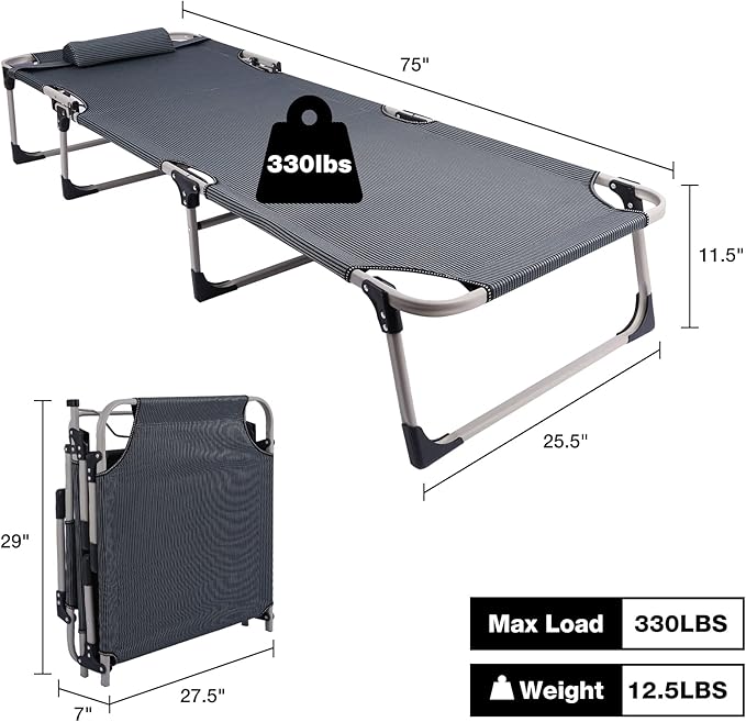 REDCAMP Folding Camping Cot with Thicker Cot Mattress Pad Adjustable 4-Position Reclining Folding Chaise Lounge Chair with Pillow for Camping Outdoor Beach Pool