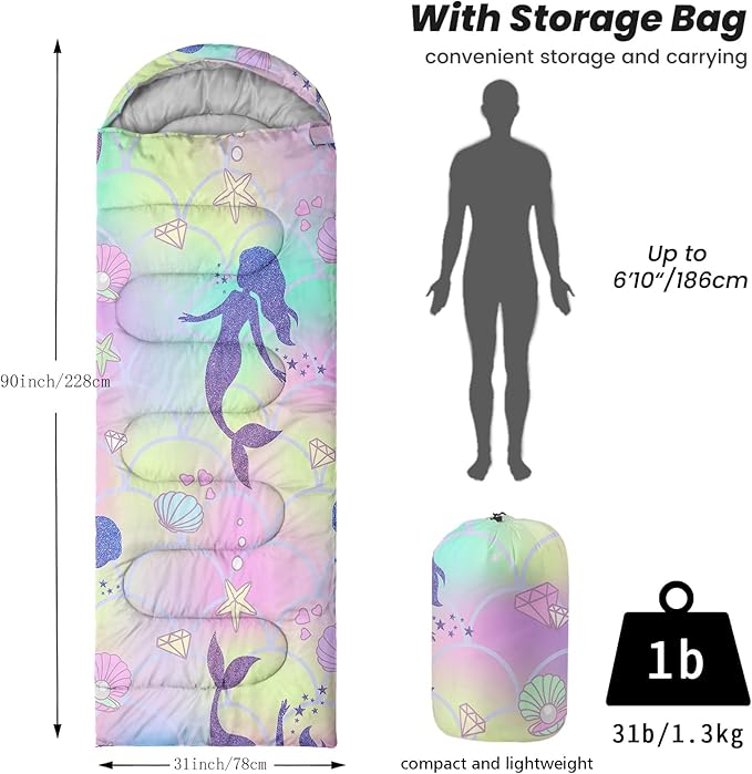 Sleeping Bags for Adults Youth Kids3D Printing Camping Sleeping Bag for Girls Boys Lightweight Waterproof Cold/Warm Weather Sleeping Bag for 3 Seasons