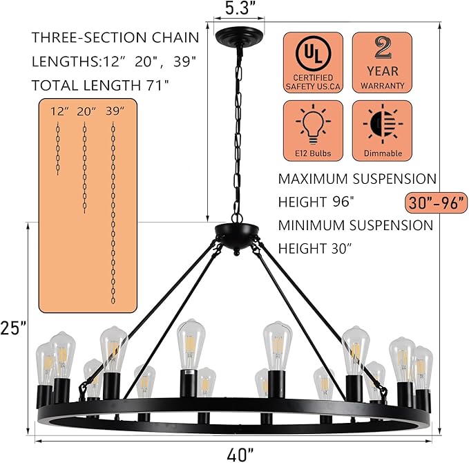 40 Black Wagon Wheel ChandelierE26 16-Light Large Round Rustic Farmhouse Chandelier Industrial Pendant Light Fixtures for Dining Room Living Room Kitchen Island Entryway Foyer