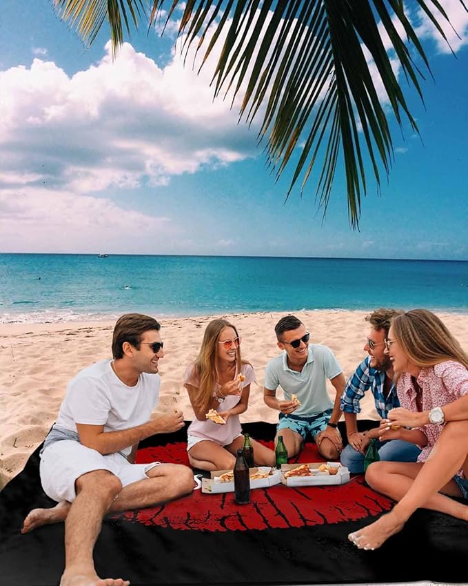 Beach Blanket Waterproof Sandproof Oversized Red Lip Print Kiss Me Beach Mat with Corner Stakes Sand Pockets Black Back Outdoor Picnic Mat for Travel Camping Hiking 83x79In