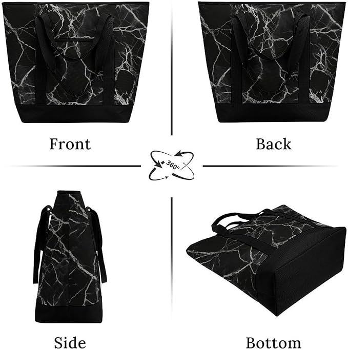 Insulated Shopping BagLarge Reusable Cooler Bags Black Marble Printed Foldable Shopping BagTravel Waterproof Shoulder Bag