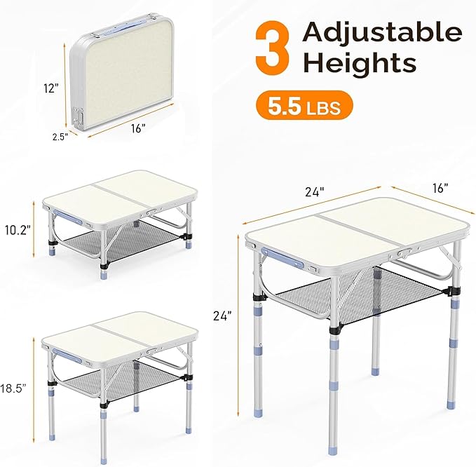 Small Folding Table Portable 2ft Camping Pinic Table with 3 Adjustable Height Aluminum Foldable Lightweight Patio Side Table with Carry Handle for Outdoor Indoor Hiking Camp BBQ Beach (White)